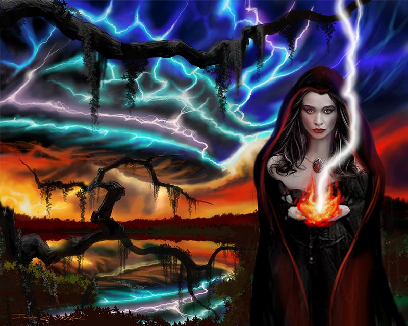 2012 - The Dark Caster Of Lightning.jpg :: A sorceress casting a storm - Digital Creation - Prints, Giclees on canvas and Necklaces available in various sizes