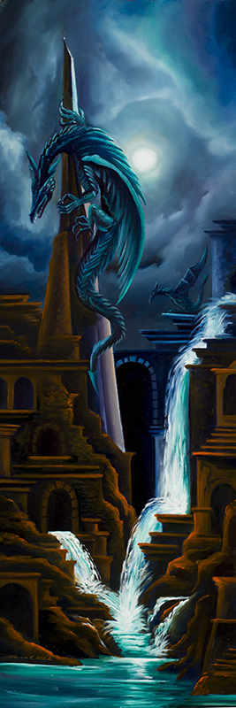 2015 Gemini Dragon I.jpg :: Painting of castle ruins with a dragon - 12 x 36 - Original Oil on Canvas - $1,500.00 - Prints available in various sizes signed by the artist.