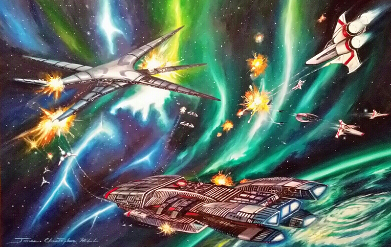 BSG BATTLE.jpg :: Paiinting of the Galactica in the Battle over Cobol