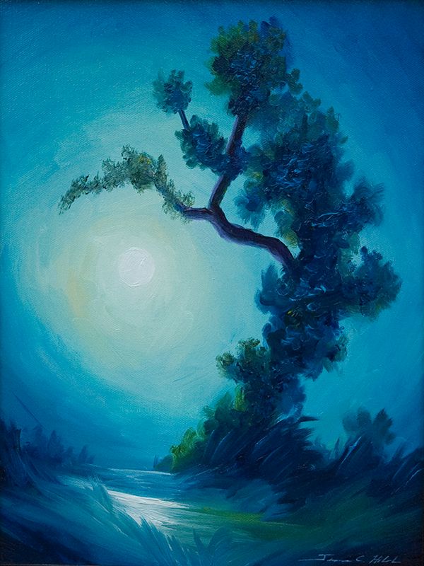 Bonzai I1 - 11 x 14 - Oil on Canvas - SOLD - Prints and Giclees avialable in various sizes.jpg :: A painting of moonlight through a tree in the clearing - 11 x 14 - Oil on Canvas - SOLD - Prints and Giclees avialable in various sizes