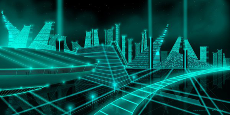 Cityscape I.jpg :: A concept rendering of a power city of the future inspired by Syd Mead's TRON Art Direction and Design