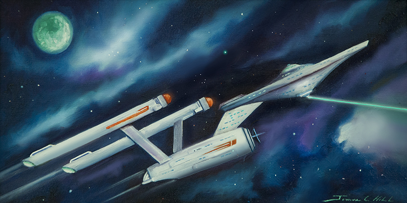 Constellation Class Phaser.jpg :: Painting of a constellation class starship from Star Trek firing it's phasers. - Original Oil on Canvas - SOLD - Prints and Giclee's available in various sizes. 