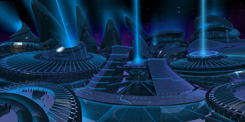 Elevaras City Blue Version.jpg :: A Concept Design of the Power Generation Section of the City using giant wind turbines and transmission of electricity through the air via Wireless transmission