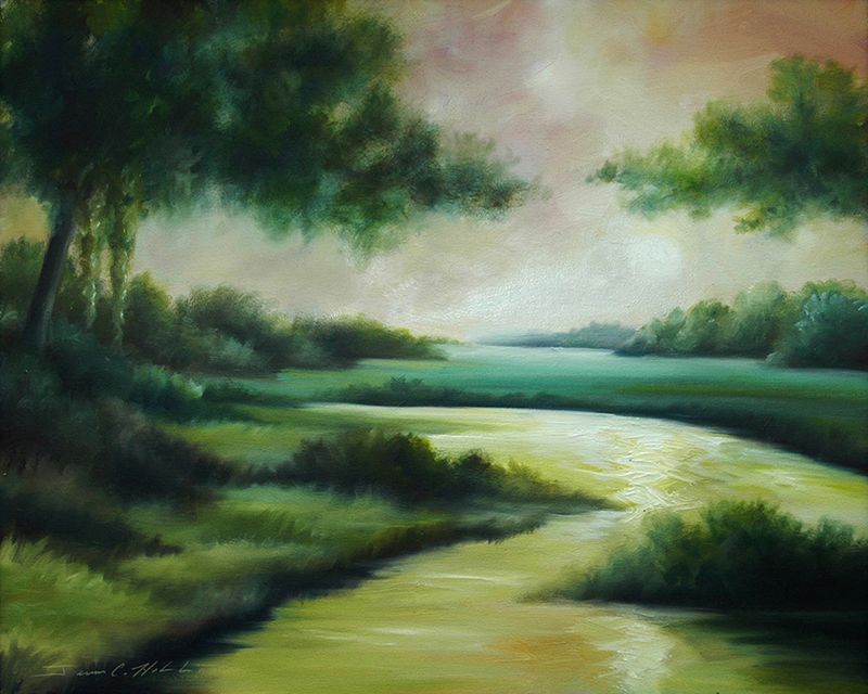 Emerald Forest -16 x 20 - Original Oil on Canvas - Price Available Upon Request.jpg :: Painting of an green forest river bend - 18\