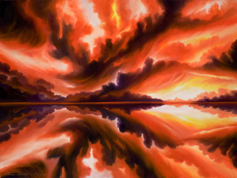 Eternal Lake of Fire - Original Oil Pianting - 36 x 48 - Available.jpg :: An oil painting of a raging sunset reflected over water.