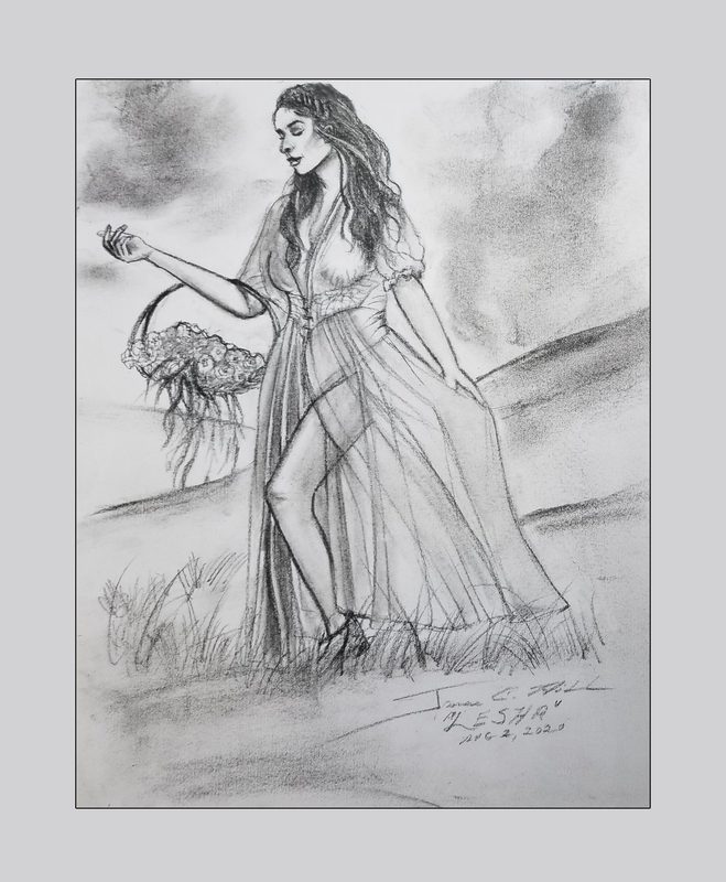 Lesha Jay Vascio Spring.jpg :: A sketch of a beautiful woman with flowers in a sheer dress enjoying a spring afternoon