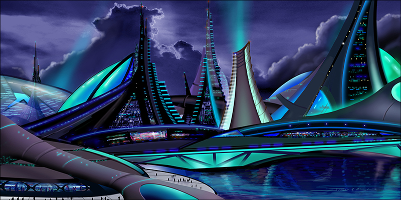 Meraparis City.jpg :: A visual depiction of our future inpsired by the designs of Syd Mead, Ryan Church and Artic Ice Sculptures.