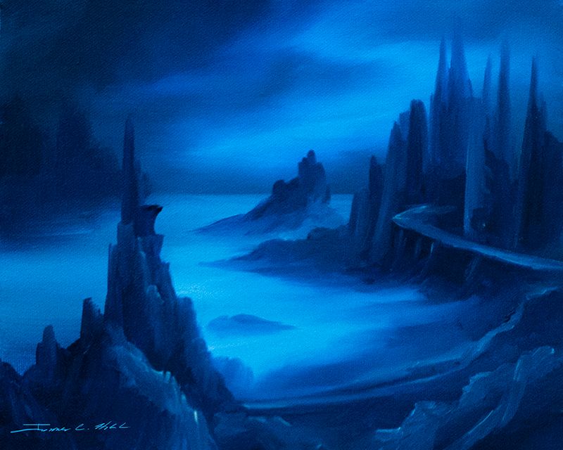 Mists of Avalon - Oil on Canvas - For Sale - Prints and Giclees available in various sizes.jpg :: An Original Oil painting on Canvas of ancient blue towers and castle from natural rock formations, 8\