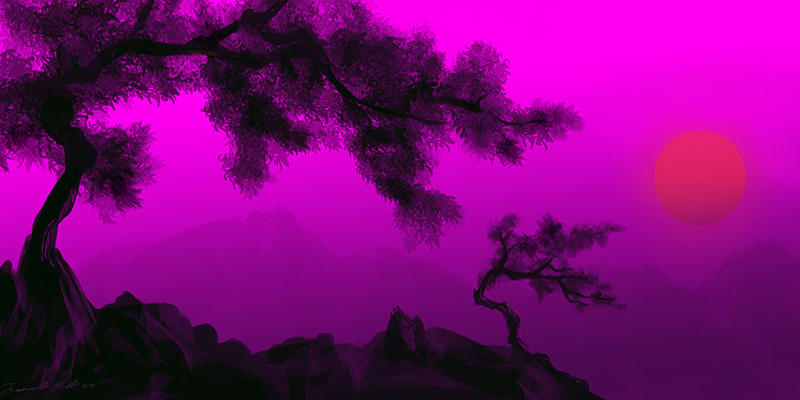 Serenity - Digital Painting - Original - 10 x 20.jpg :: A painting of a sunset over the mountains in Japan