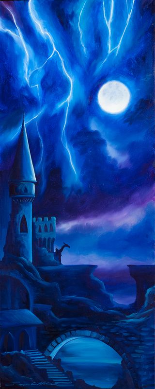 The Blue tower.jpg :: Painting of a Dark Tower during the Dark Ages in Bulgaria - 12 x 48 - Original Oil Painting - $1,500.00 - Prints Available in various sizes for purchase.