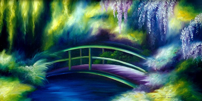 The Gardens of Givernia I - 10 x 20 - SOLD - Prints and Giclees Available in Various Sizes.jpg :: An Oil Painting of beautiful wisteria and other flowers in a Garden with a bridge.   Prints and Giclees Available in Various Sizes