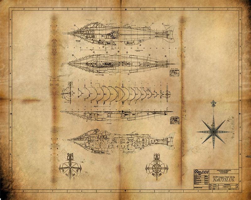 The Nautilus.jpg :: Steampunk Blueprint of the famous Nautilus from Jules Verne's 20,000 Leagues under the Sea.