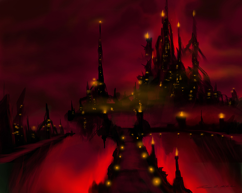 The Red Castle Bridge - Prints and Giclees Available in Various Sizes.jpg :: Painting of midievel castle