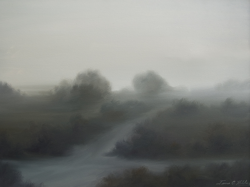 Crossroads.jpg :: A painting of a foggy morning/evening at a rural crossroads - $1200.00 - 18x24 -Oil on Canvas - Prints and Giclees available for purchase