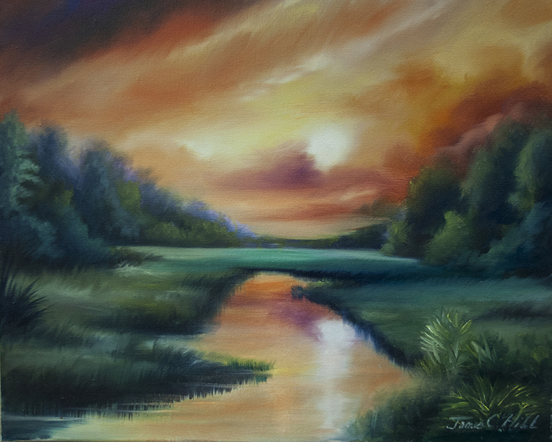 James Island Marsh.jpg :: An Original 16 x 20 Oil Painting on Canvas of the sun setting over a marsh in James Island, Charleston, SC 
