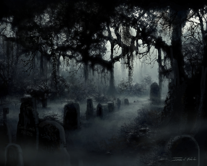 Misty Graveyard Number One.jpg :: Painting created for a new image of an abandoned Cemetery in the Deep South of America from 1600-1700 AD