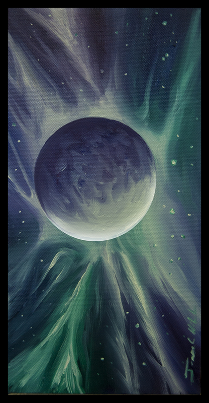 Nebula Sorus.jpg :: A painting of a Nebula in Space with Giant Planet - Oil and Canvas - 12 x 6 Inches - $175.00 (Framed Black Lacquer) (Free Shipping!)  - Prints on Paper and Stretched Canvas also Available along with many other Options like Mugs, Mouse Pads, Puzzles, etc.  