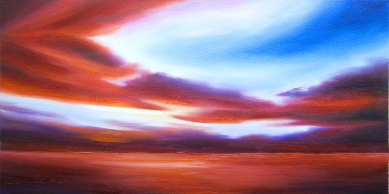 October Sky III - Original Oil Painting - SOLD - Prints and Giclees Available.jpg :: A powerful sunset over Harbor at Battery Park at Charleston, South Carolina during October interpreted with the exact vivid colors I saw just as the sun was going down behind my shoulder!  A powerful sunset over Harbor at Battery Park at Charleston, South Carolina during October interpreted with the exact vivid colors I saw just as the sun was going down behind my shoulder.  - Original Oil Painting - 24 x 48 - Available - Framed - Thin Black Lacquer - Deep Profile - $2500.00