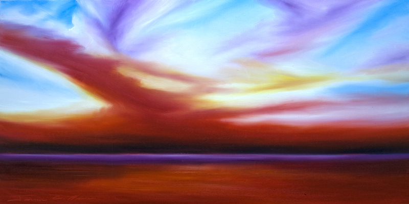 October Sky IV - Original Oil Painting - Available - 2500 - Prints and Giclees Available.jpg :: A powerful sunset over Harbor at Battery Park at Charleston, South Carolina during October interpreted with the exact vivid colors I saw just as the sun was going down behind my shoulder.  - A powerful sunset over Harbor at Battery Park at Charleston, South Carolina during October interpreted with the exact vivid colors I saw just as the sun was going down behind my shoulder.  - Original Oil Painting - 24 x 48 - Available - Framed - Thin Black Lacquer - Deep Profile - $2500.00