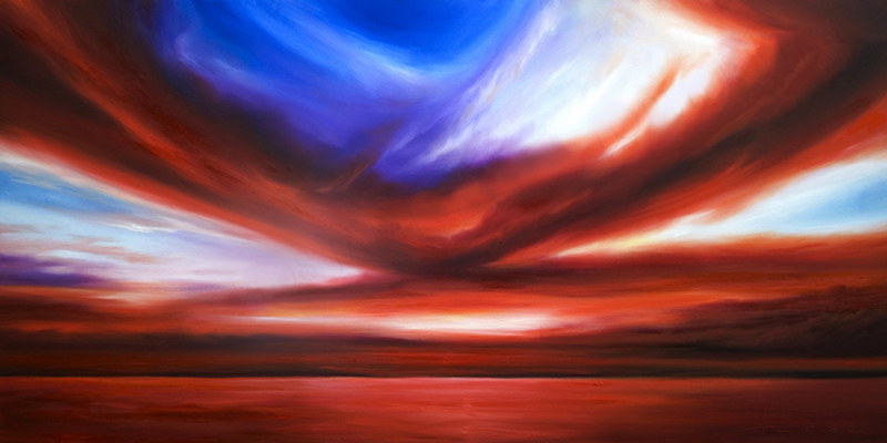 October Sky V - Original Oil Painting - Available - 2500 - Prints and Giclees Available.jpg :: A powerful sunset over Harbor at Battery Park at Charleston, South Carolina during October interpreted with the exact vivid colors I saw just as the sun was going down behind my shoulder.  - Original Oil Painting - 24 x 48 - Available - Framed - Thin Black Lacquer - Deep Profile - $2500.00