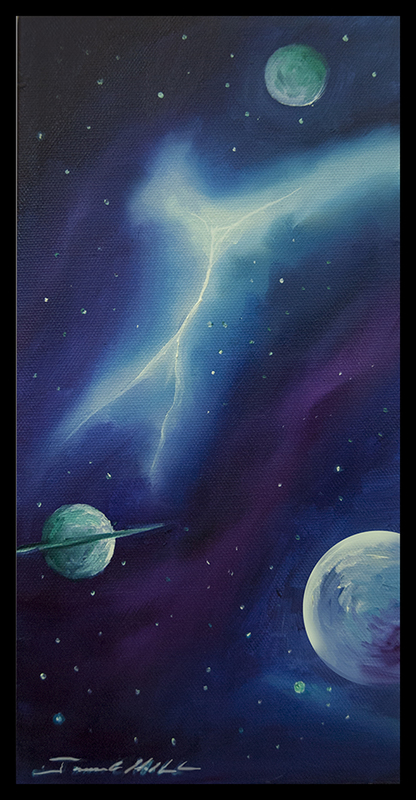 The Anarin Star System.jpg :: A painting of the Anarin Star System in Space - Oil and Canvas - 6 x 12 Inches - $175 (Framed Black Lacquer) (Free Shipping!!) - Prints on Paper and Stretched Canvas also Available along with many other Options like Mugs, Mouse Pads, Puzzles, etc.  
