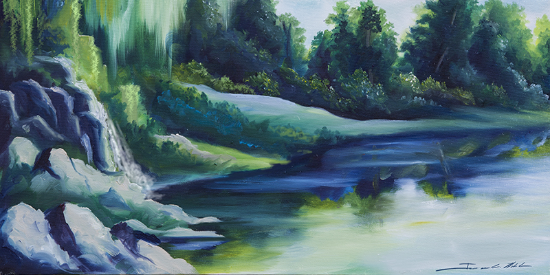 The Last Lagoon.jpg :: A oil painting of a lush forest and river bed -  - Origninal Oil Painting - 10 x 20 - For Sale along with Prints, Giclees, Necklaces 
We also offer Monthly, zero interest Financing!