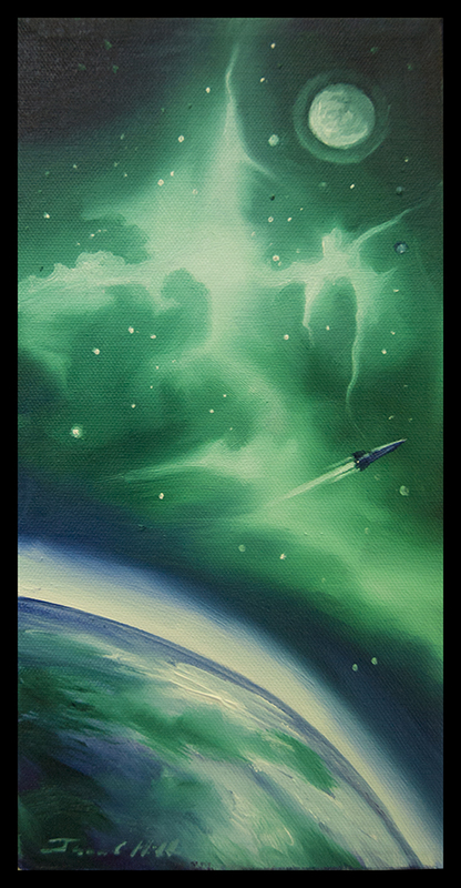 The Launch.jpg :: A painting of the the planet Kamerian and a star-hip leaving the planet Space called \