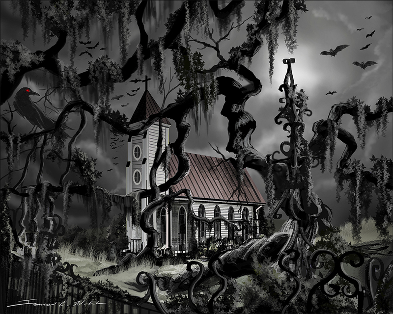 The Mortuary II.jpg :: Painting of an abandoned cemetary and mortuary