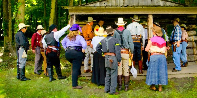 Cowboys_news at the trading post.jpg :: Cowboys and girls lived away from sources of information - so when it was know that some event was to happen they got their news from the trading post -