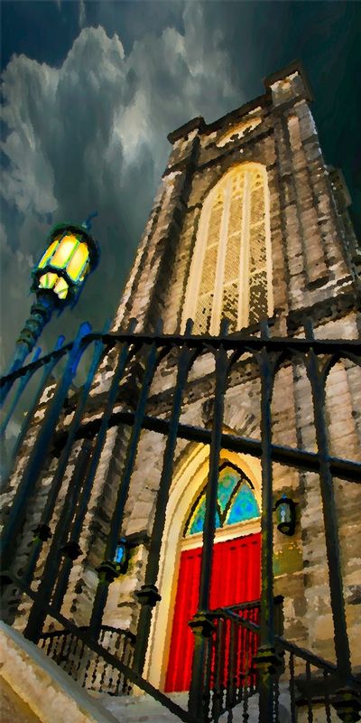 FirstLight.jpg :: A tour of the city brought me to this uplifting church bathed in a magic light. A gated gothic tower with a red door beckoning one to enter and experience the forces within.