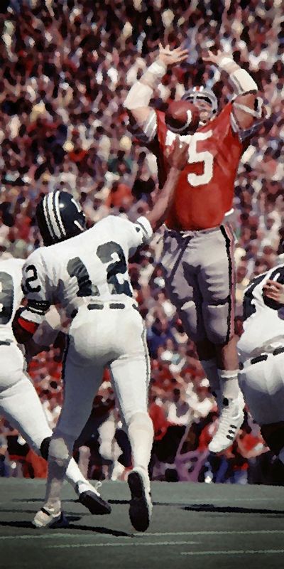 Gotcha.jpg :: I took this image long ago, on film. It is a game between The Ohio State University and Michigan State University - I am captioning it on November 22,2015 - the date is of significance - look it up. After all these years I still do to know for sure who the players are - maybe I am just not asking the right people, but if you know, please inform me. There may be something in it for the first verified correct identification. 