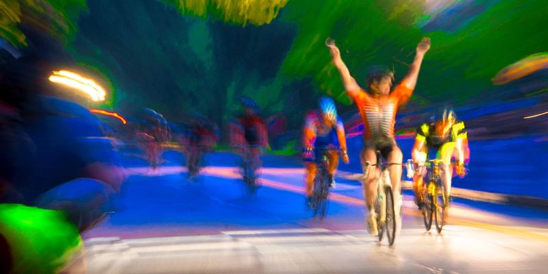 Last one Tonight.jpg :: Each year at designated times, planned years or days in advance, cyclists will turn the streets of a city or the back roads of a quiet countryside into a blur of colors as they compete for a space on the winners podium, and the dream of one day being respected by their peers.