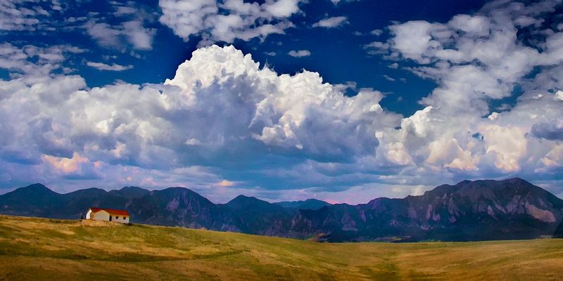 MtHouse.jpg :: This image is a large panoramic stretched canvas print that usually hangs over the couch in our living room but got drafted for the show - it is also one of my 0 to 60 images from excursions through Colorado taken from the freeway doing about 65 mph.