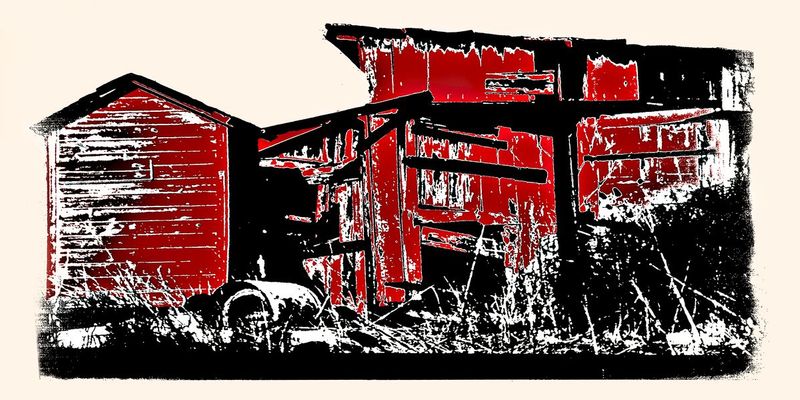 OldBarn01.jpg :: This image was once a serigraph done with litho film separations - the separations now reside as a digital files on my computer.  They do have a different look to them as they are but I have not tried to make them the same. 