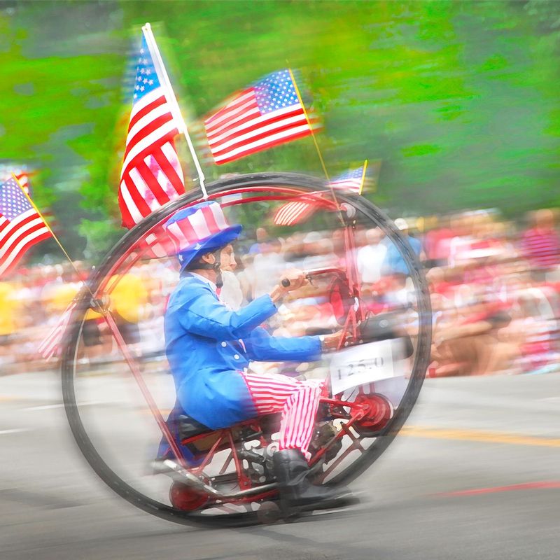 OurUncleSam.jpg ::  Grandview has one parade a year - most of the populace is in the parade but somehow there are always street cheering pedestrians - this guy always shows up - Uncle Sam