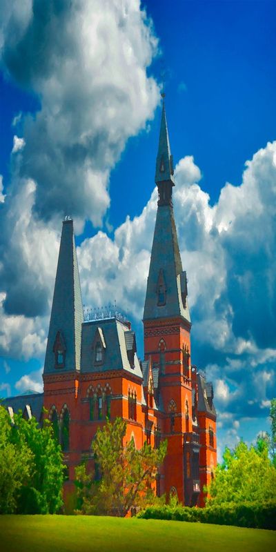 Potter.jpg :: A dorm on the campus of Cornell University in Ithica, NY - but not just any dorm - It was my fathers dorm while he studied engineering in preparation for his participation in WWII.  The LSMR he was assigned to lays somewhere off the coast of Okinawa, sunk by the divine wind. It is also the place he met my mother at a USO dance. I am standing in front of the chapel in which they were married about 70 years ago. Looks a little like a movie set from Harry Potter.