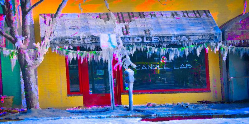 TheCandleLab.jpg :: One of the casualties of the Grandview Fire, January 2009, shrouded in a coat of ice, still vibrant and the melting candles were very fragrant. The Candle Lab has a new home by the Grandview theater on the avenue.