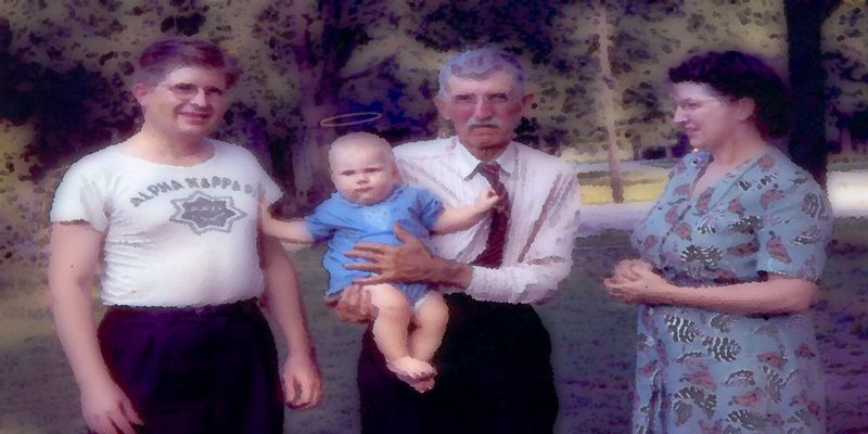 Tommy_4Generations.jpg :: This one is on me - found this image in my fathers transparencies. Has to have been take the summer of 1948. That's me - the little angel ;-) - with my father, my grandmother, and my great grandfather, - four generations.