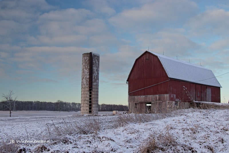 Red Barn and Silo in Snow.jpg :: Red Barn with Silo in Snow in Manchester Township Michigan