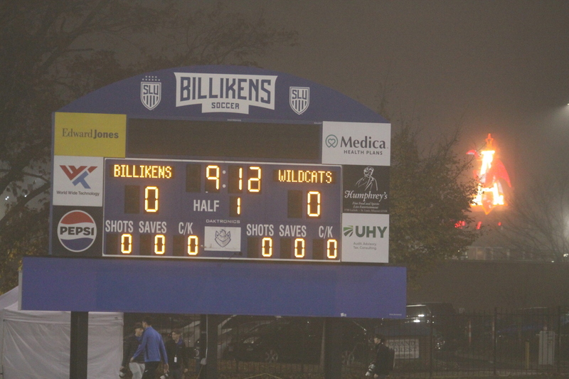 2025 NCAA Division I Mens Soccer Saint Louis University vs University of Kentucky -II.jpg :: Saint Louis University (SLU) Billikens vs University of Kentucky in the 2025 NCAA Men's Soccer Championship first round of play. 11/20/2025 7pm at Robert R. Hermann Stadium in St. Louis, Missouri, USA. The Wildcats scored first in the first half. At the half it was Kentucky 1 to 0. The fog lowered visibility, and the damp turf made this a true to form Fall match up.   NCAA Division I Men's Soccer 2025