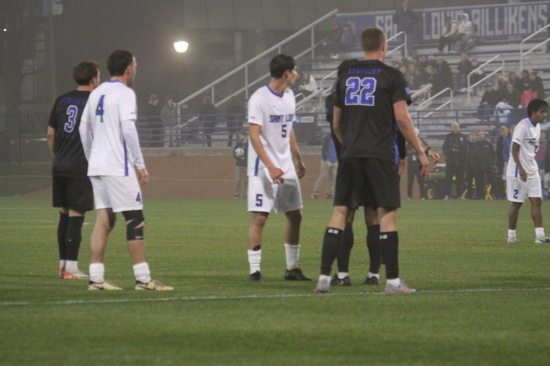 2025 NCAA Division I Mens Soccer Saint Louis University vs University of Kentucky -VIII.jpg :: Saint Louis University (SLU) Billikens vs University of Kentucky in the 2025 NCAA Men's Soccer Championship first round of play. 11/20/2025 7pm at Robert R. Hermann Stadium in St. Louis, Missouri, USA. The Wildcats scored first in the first half. At the half it was Kentucky 1 to 0. The fog lowered visibility, and the damp turf made this a true to form Fall match up.   NCAA Division I Men's Soccer 2025