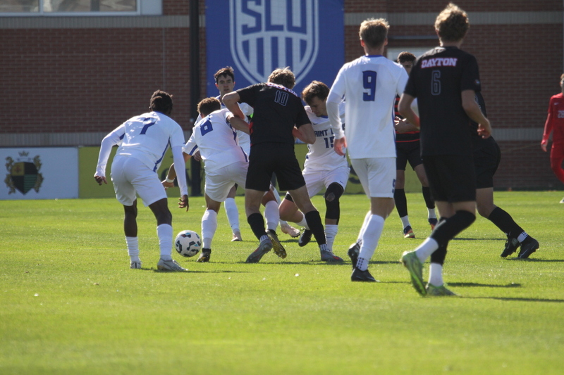 A10 Championship Final 2025 SLU vs Dayton 1 -II.jpg :: Saint Louis University (SLU) vs University of Dayton - A10 Championship Final played at Robert R. Hermann Stadium in St Louis, Missouri, USA. Double overtime with a penalty kick shootout to decide the winner. After a 1 to 1 tie in regulation time play. SLU wins the shootout 5 to 4. NCAA Men's Soccer 2025, 11/16/2025