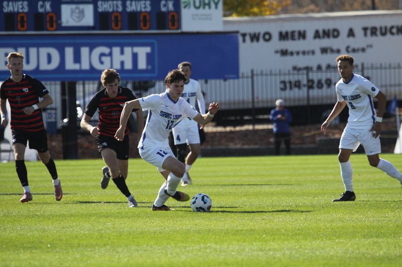 A10 Championship Final 2025 SLU vs Dayton 1 -VI.jpg :: Saint Louis University (SLU) vs University of Dayton - A10 Championship Final played at Robert R. Hermann Stadium in St Louis, Missouri, USA. Double overtime with a penalty kick shootout to decide the winner. After a 1 to 1 tie in regulation time play. SLU wins the shootout 5 to 4. NCAA Men's Soccer 2025, 11/16/2025