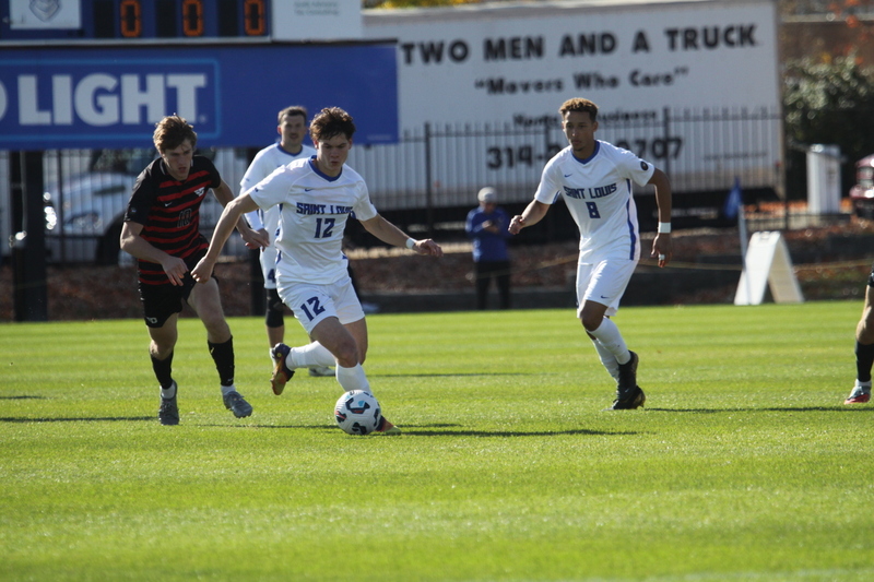 A10 Championship Final 2025 SLU vs Dayton 1 -VII.jpg :: Saint Louis University (SLU) vs University of Dayton - A10 Championship Final played at Robert R. Hermann Stadium in St Louis, Missouri, USA. Double overtime with a penalty kick shootout to decide the winner. After a 1 to 1 tie in regulation time play. SLU wins the shootout 5 to 4. NCAA Men's Soccer 2025, 11/16/2025