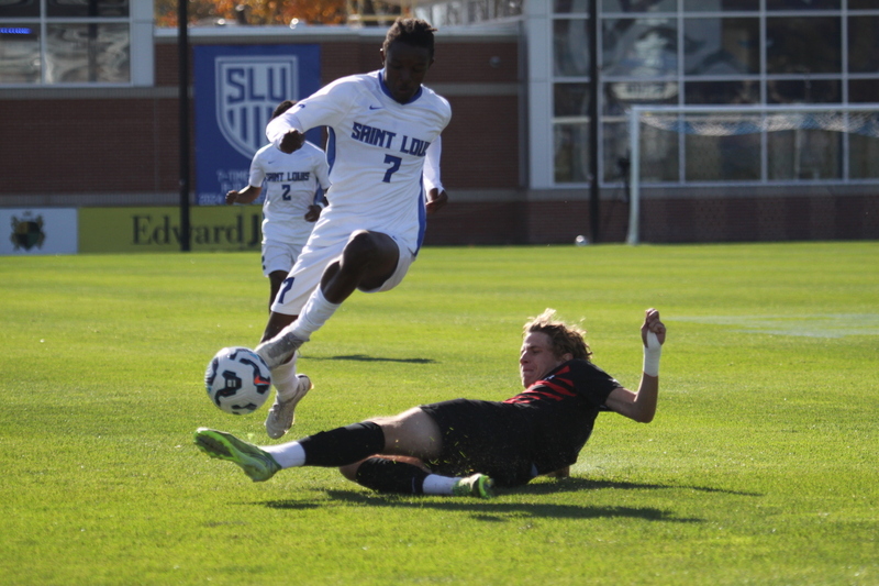 A10 Championship Final 2025 SLU vs Dayton 1 -XI.jpg :: Saint Louis University (SLU) vs University of Dayton - A10 Championship Final played at Robert R. Hermann Stadium in St Louis, Missouri, USA. Double overtime with a penalty kick shootout to decide the winner. After a 1 to 1 tie in regulation time play. SLU wins the shootout 5 to 4. NCAA Men's Soccer 2025, 11/16/2025