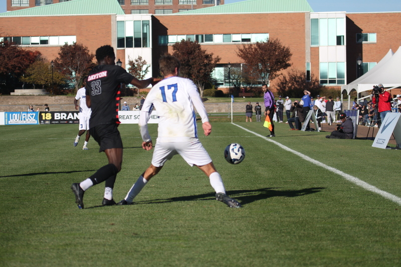 A10 Championship Final 2025 SLU vs Dayton 1A -IX.jpg :: A10 Championship Soccer Final 2025 - 11/16/2025 - Saint Louis University (SLU) Billikens vs University of Dayton (UD) Flyers at Robert R. Hermann Stadium in St. Louis, Missouri, USA. The No. 1 and No. 3 team of the A10 Conference played to a 1 to 1 tie in regulation time. After a scoreless double overtime, the match was settled by a five-penalty kick shoot-out. SLU won 5 to 4 - NCAA Men's Soccer