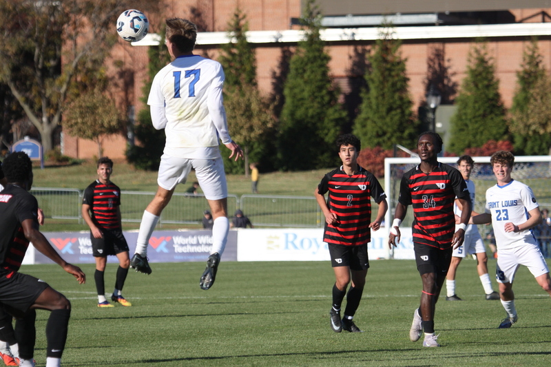 A10 Championship Final 2025 SLU vs Dayton 1A -V.jpg :: A10 Championship Soccer Final 2025 - 11/16/2025 - Saint Louis University (SLU) Billikens vs University of Dayton (UD) Flyers at Robert R. Hermann Stadium in St. Louis, Missouri, USA. The No. 1 and No. 3 team of the A10 Conference played to a 1 to 1 tie in regulation time. After a scoreless double overtime, the match was settled by a five-penalty kick shoot-out. SLU won 5 to 4 - NCAA Men's Soccer