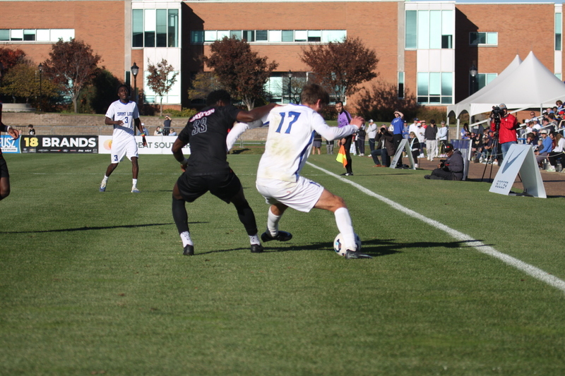 A10 Championship Final 2025 SLU vs Dayton 1A -X.jpg :: A10 Championship Soccer Final 2025 - 11/16/2025 - Saint Louis University (SLU) Billikens vs University of Dayton (UD) Flyers at Robert R. Hermann Stadium in St. Louis, Missouri, USA. The No. 1 and No. 3 team of the A10 Conference played to a 1 to 1 tie in regulation time. After a scoreless double overtime, the match was settled by a five-penalty kick shoot-out. SLU won 5 to 4 - NCAA Men's Soccer