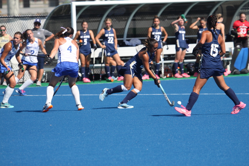 IMG_0376.jpg :: Saint Louis University (SLU) Women's Field Hockey vs University of California Davis 2025 at the SLU Field Hockey Complex. UC Davis won 2 to 1. The UC Davis players are wearing pink shoes and there are Pink Ribbons painted on the players sticks. Today is Billikens Pink Game for Breast Cancer Awareness and Alumnae Day. This is the second season at the new SLU Field Hockey Complex, and it marks, the 50th anniversary of the St. Louis University Field Hockey program which began in 1975. NCAA Division I 