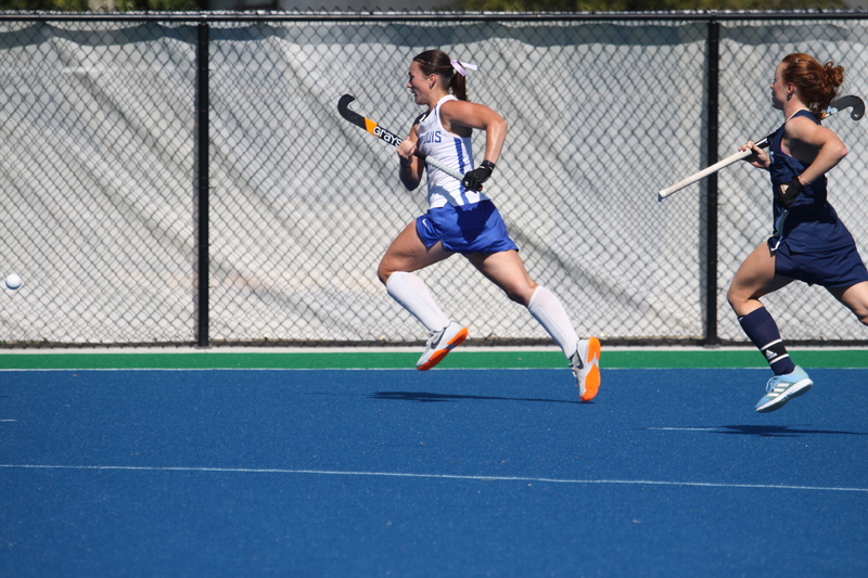 IMG_0378.jpg :: Saint Louis University (SLU) Women's Field Hockey vs University of California Davis 2025 at the SLU Field Hockey Complex. UC Davis won 2 to 1. The UC Davis players are wearing pink shoes and there are Pink Ribbons painted on the players sticks. Today is Billikens Pink Game for Breast Cancer Awareness and Alumnae Day. This is the second season at the new SLU Field Hockey Complex, and it marks, the 50th anniversary of the St. Louis University Field Hockey program which began in 1975. NCAA Division I 